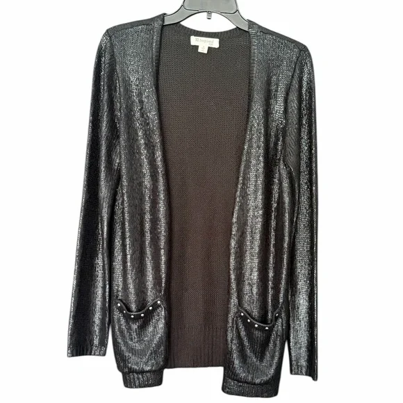 Inspire Metallic Black Open-Front Cardigan with Stud Pocket Trim - Picture 1 of 7